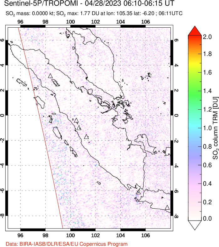 A sulfur dioxide image over Sumatra, Indonesia on Apr 28, 2023.