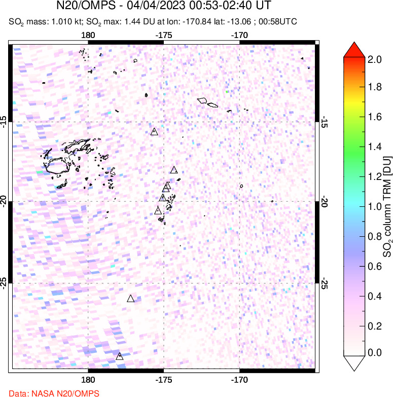 A sulfur dioxide image over Tonga, South Pacific on Apr 04, 2023.