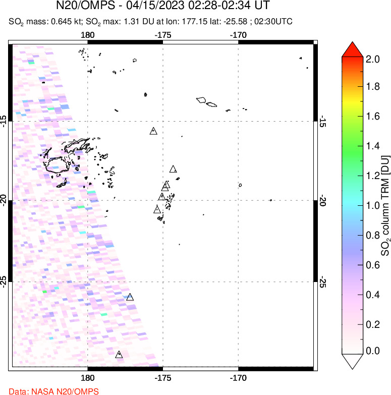 A sulfur dioxide image over Tonga, South Pacific on Apr 15, 2023.