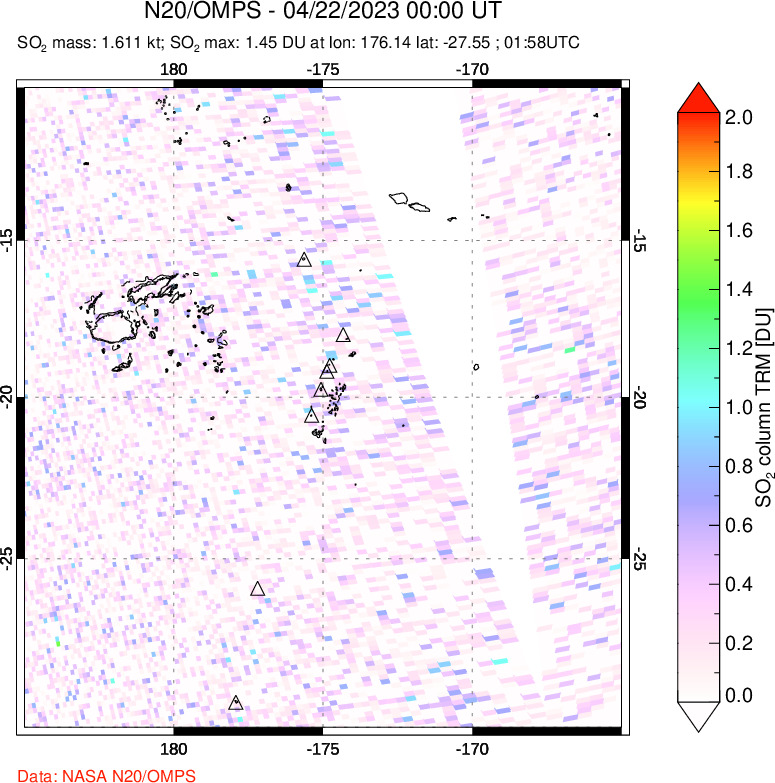 A sulfur dioxide image over Tonga, South Pacific on Apr 22, 2023.