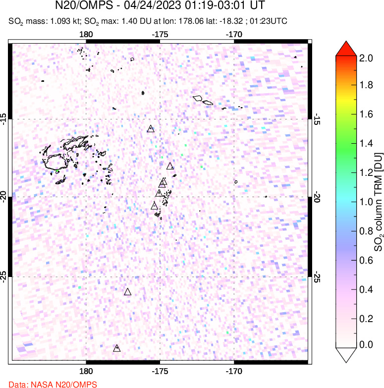 A sulfur dioxide image over Tonga, South Pacific on Apr 24, 2023.