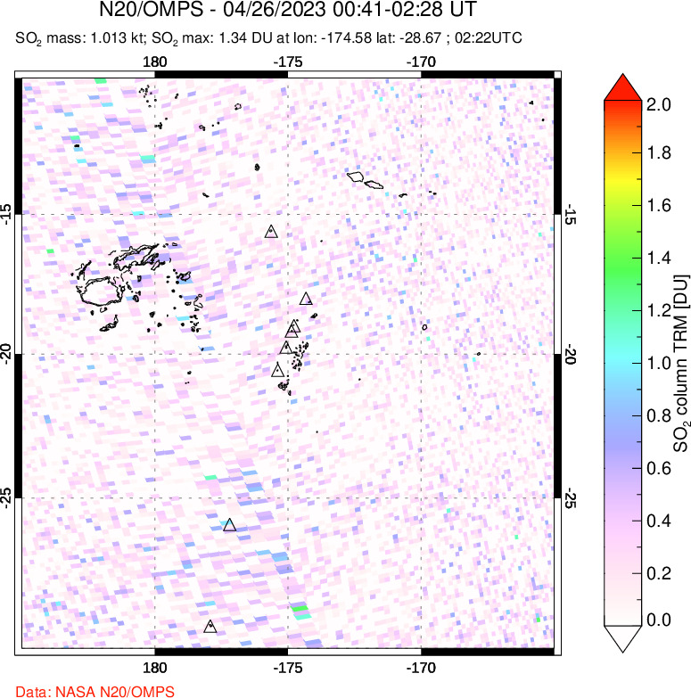 A sulfur dioxide image over Tonga, South Pacific on Apr 26, 2023.