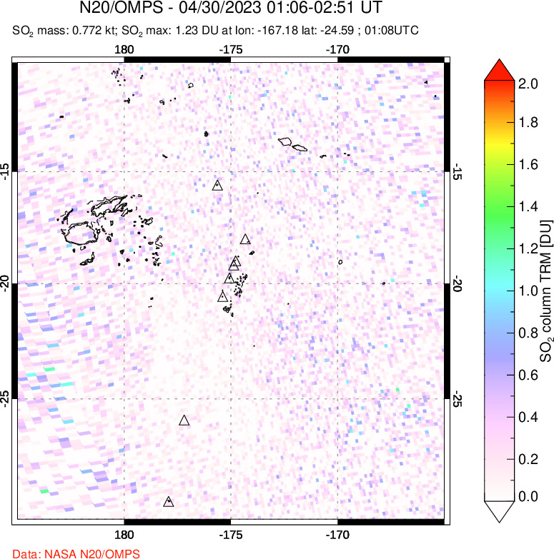 A sulfur dioxide image over Tonga, South Pacific on Apr 30, 2023.