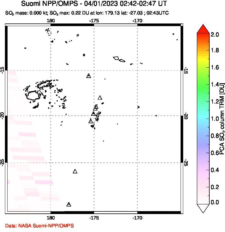 A sulfur dioxide image over Tonga, South Pacific on Apr 01, 2023.