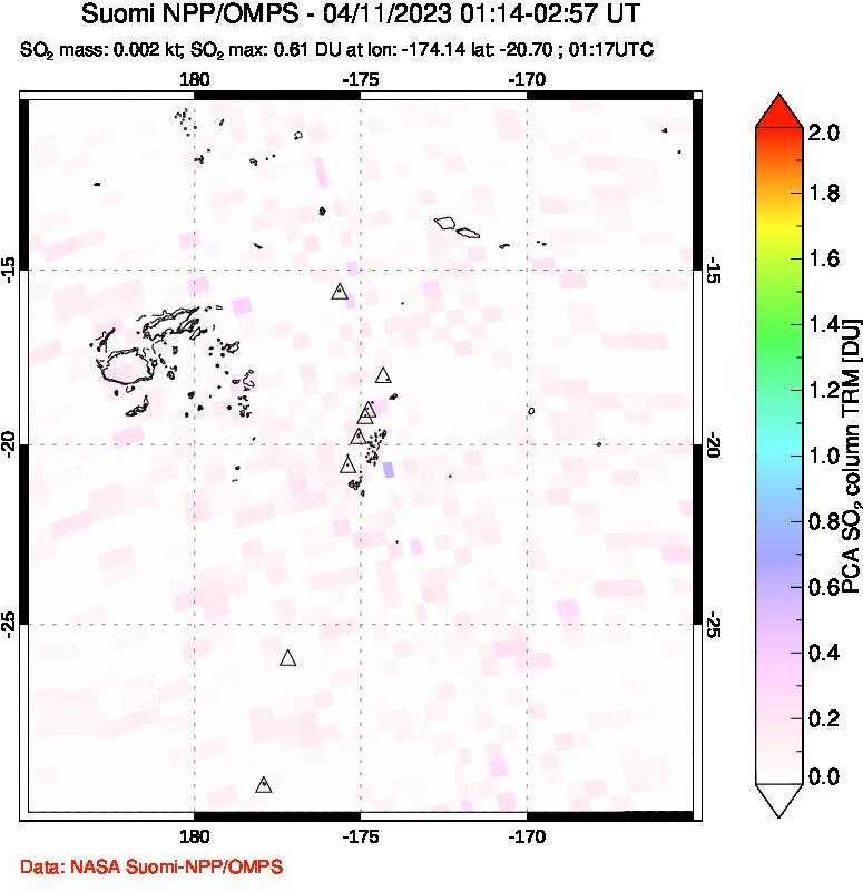 A sulfur dioxide image over Tonga, South Pacific on Apr 11, 2023.