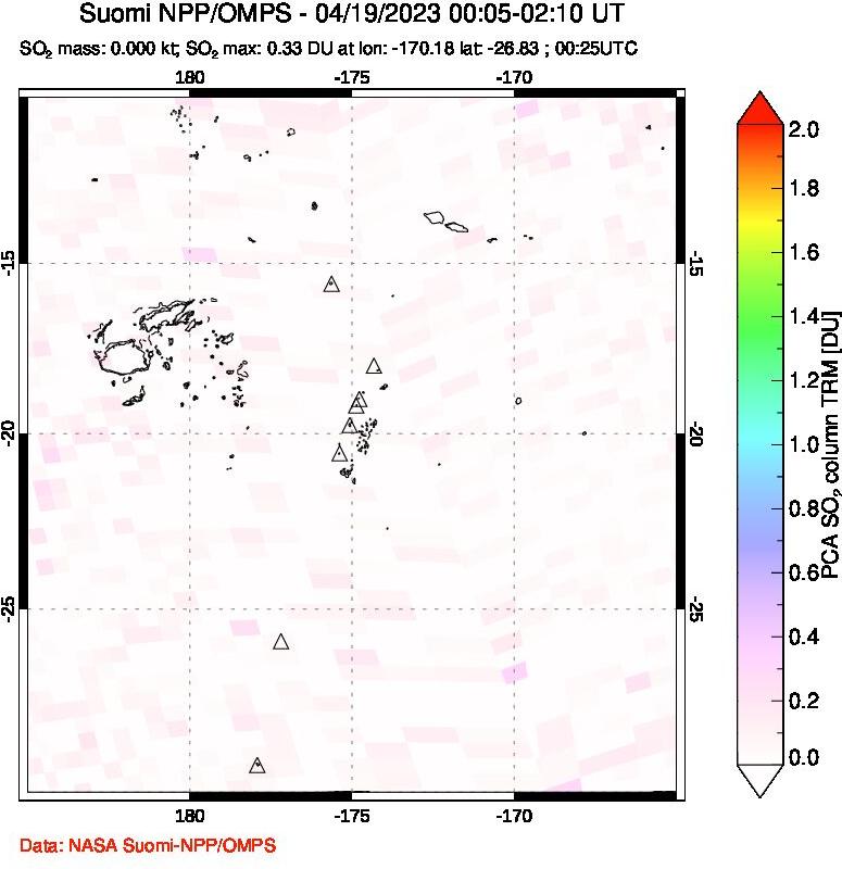 A sulfur dioxide image over Tonga, South Pacific on Apr 19, 2023.