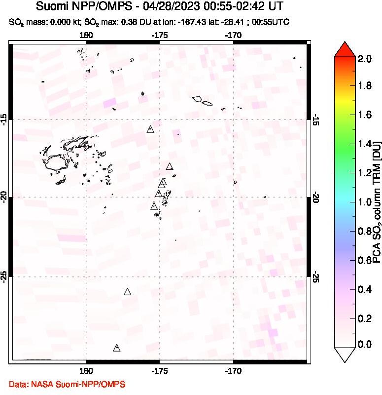 A sulfur dioxide image over Tonga, South Pacific on Apr 28, 2023.