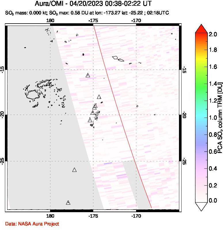 A sulfur dioxide image over Tonga, South Pacific on Apr 20, 2023.