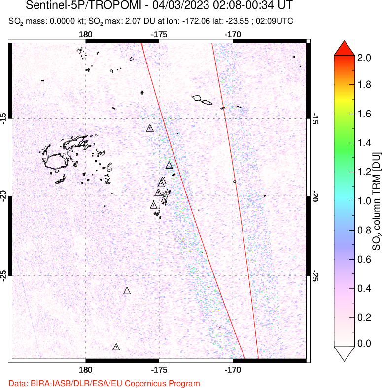 A sulfur dioxide image over Tonga, South Pacific on Apr 03, 2023.