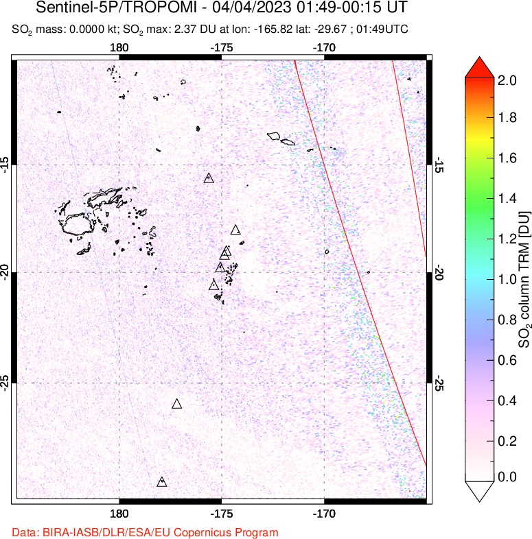 A sulfur dioxide image over Tonga, South Pacific on Apr 04, 2023.