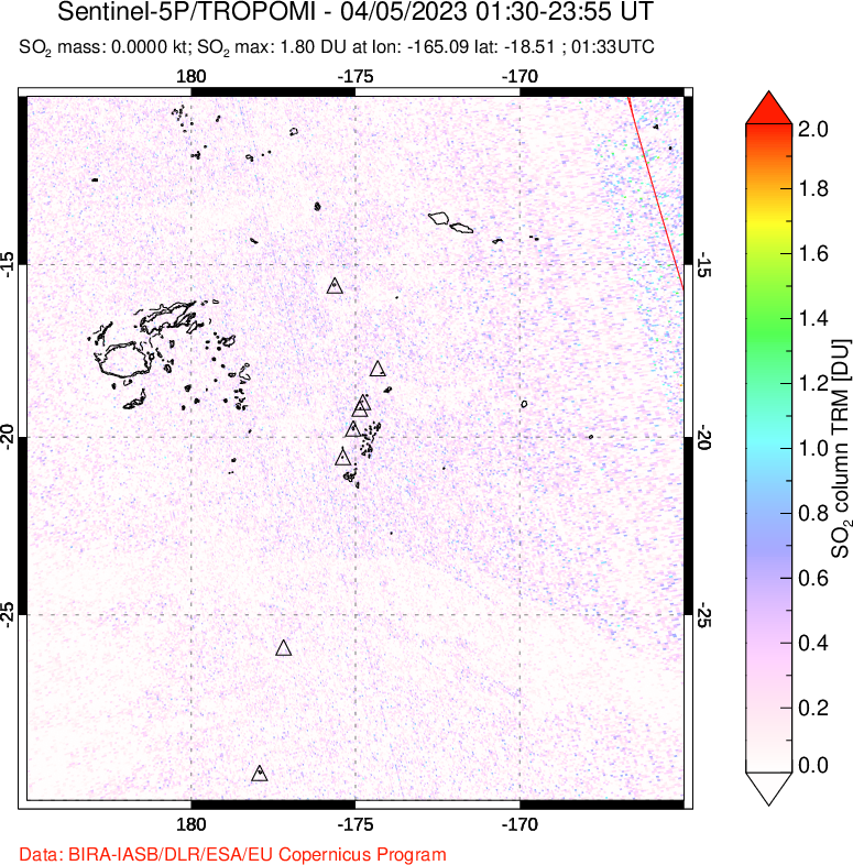 A sulfur dioxide image over Tonga, South Pacific on Apr 05, 2023.