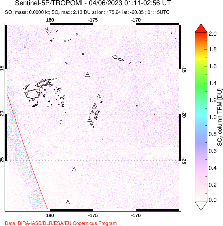 A sulfur dioxide image over Tonga, South Pacific on Apr 06, 2023.
