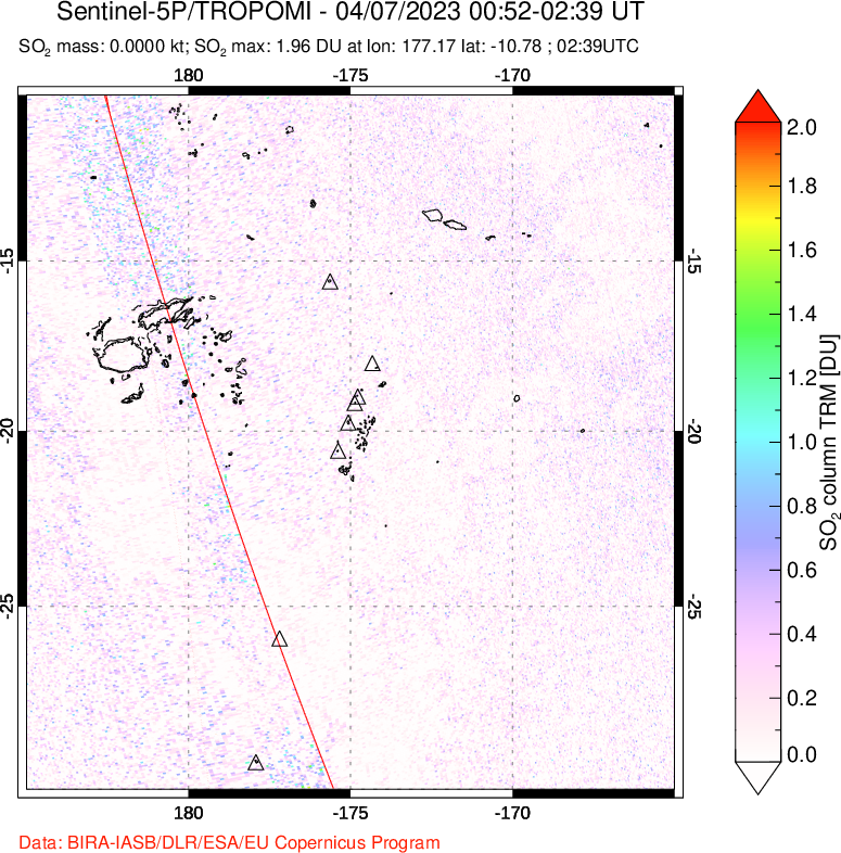 A sulfur dioxide image over Tonga, South Pacific on Apr 07, 2023.