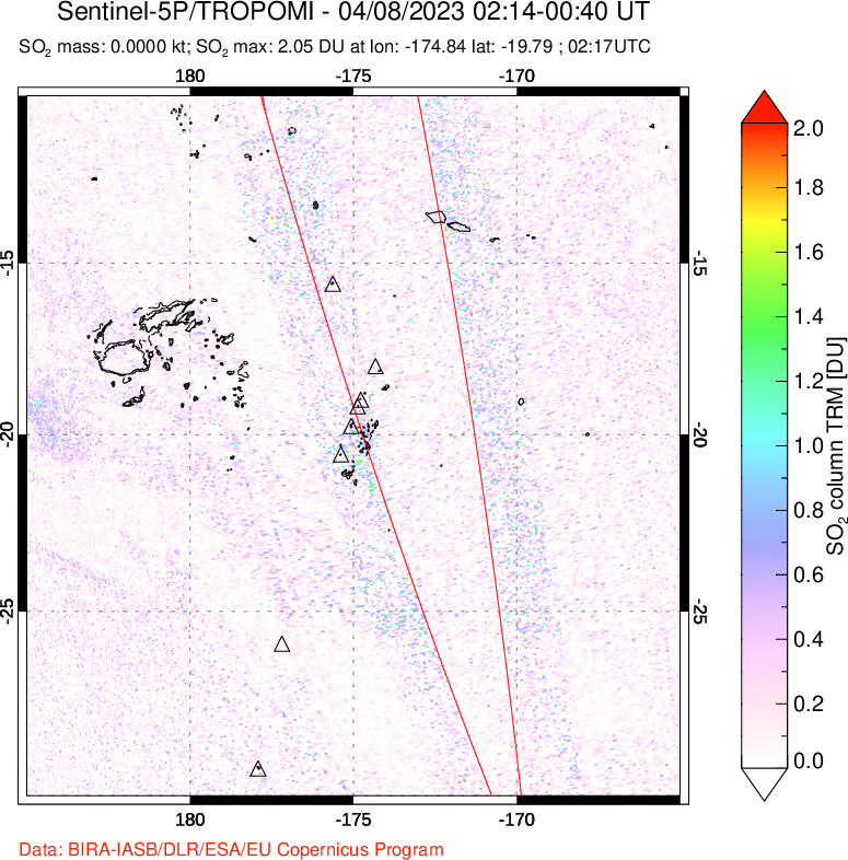 A sulfur dioxide image over Tonga, South Pacific on Apr 08, 2023.