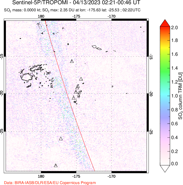 A sulfur dioxide image over Tonga, South Pacific on Apr 13, 2023.