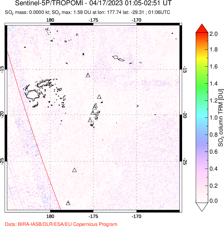A sulfur dioxide image over Tonga, South Pacific on Apr 17, 2023.