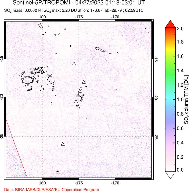 A sulfur dioxide image over Tonga, South Pacific on Apr 27, 2023.