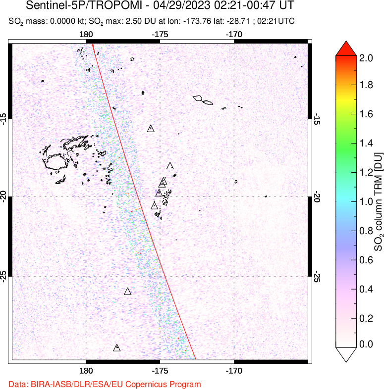 A sulfur dioxide image over Tonga, South Pacific on Apr 29, 2023.