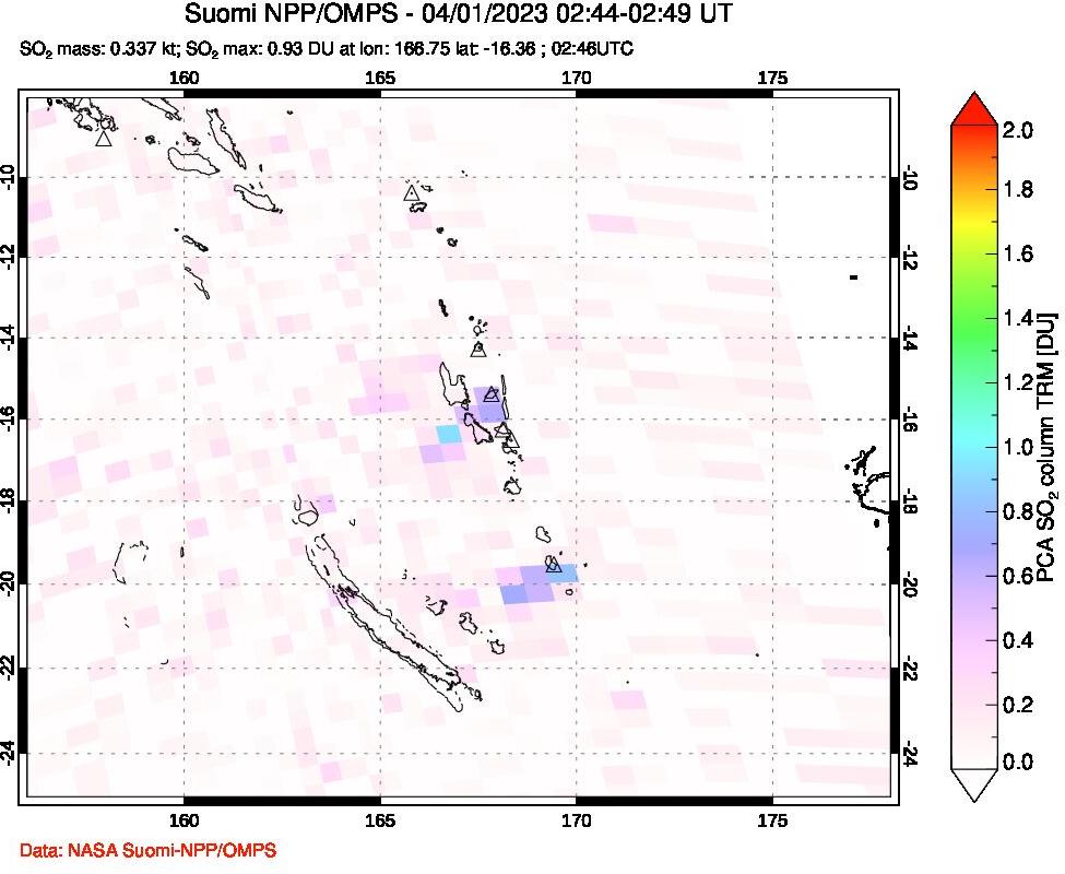 A sulfur dioxide image over Vanuatu, South Pacific on Apr 01, 2023.