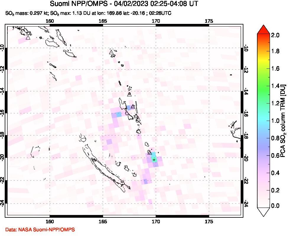 A sulfur dioxide image over Vanuatu, South Pacific on Apr 02, 2023.