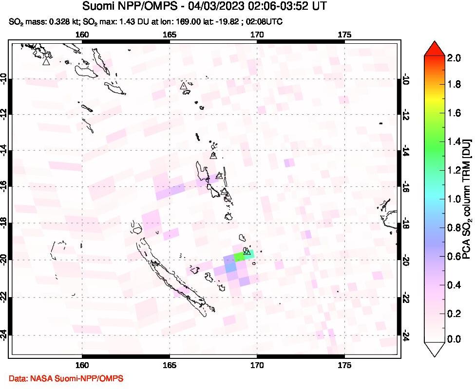 A sulfur dioxide image over Vanuatu, South Pacific on Apr 03, 2023.
