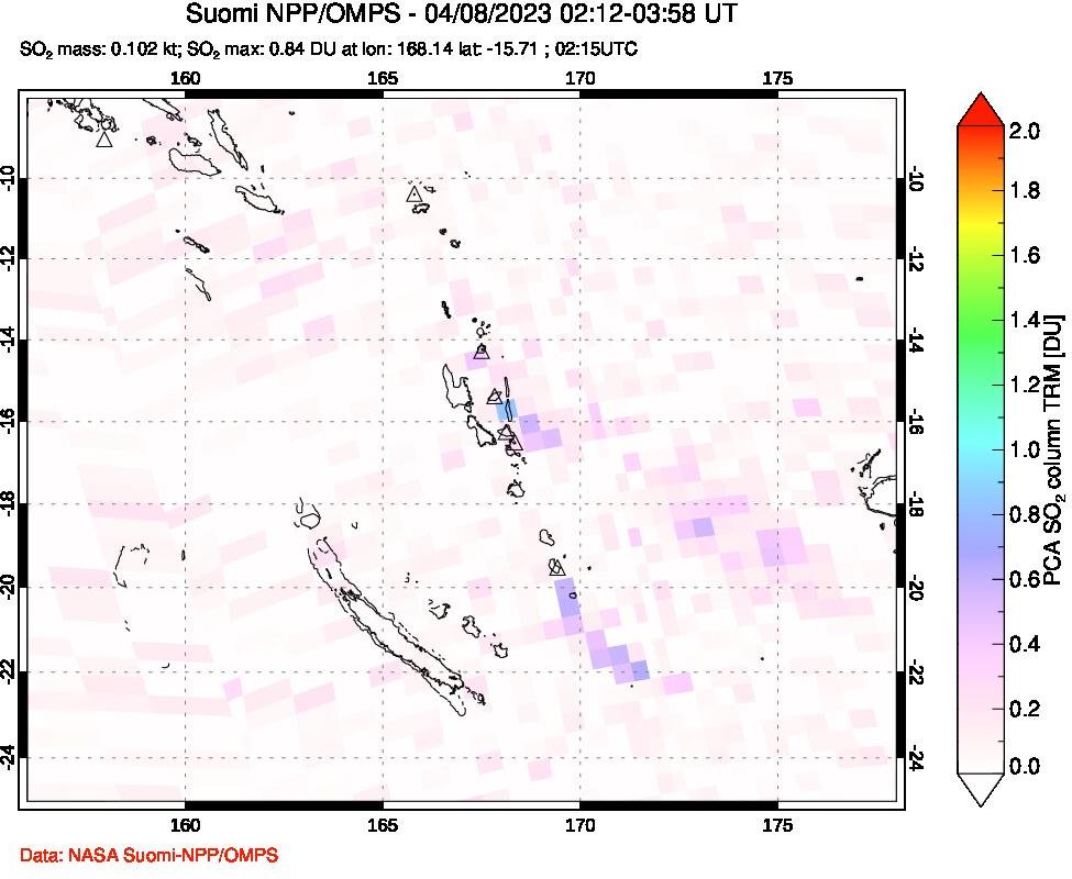 A sulfur dioxide image over Vanuatu, South Pacific on Apr 08, 2023.