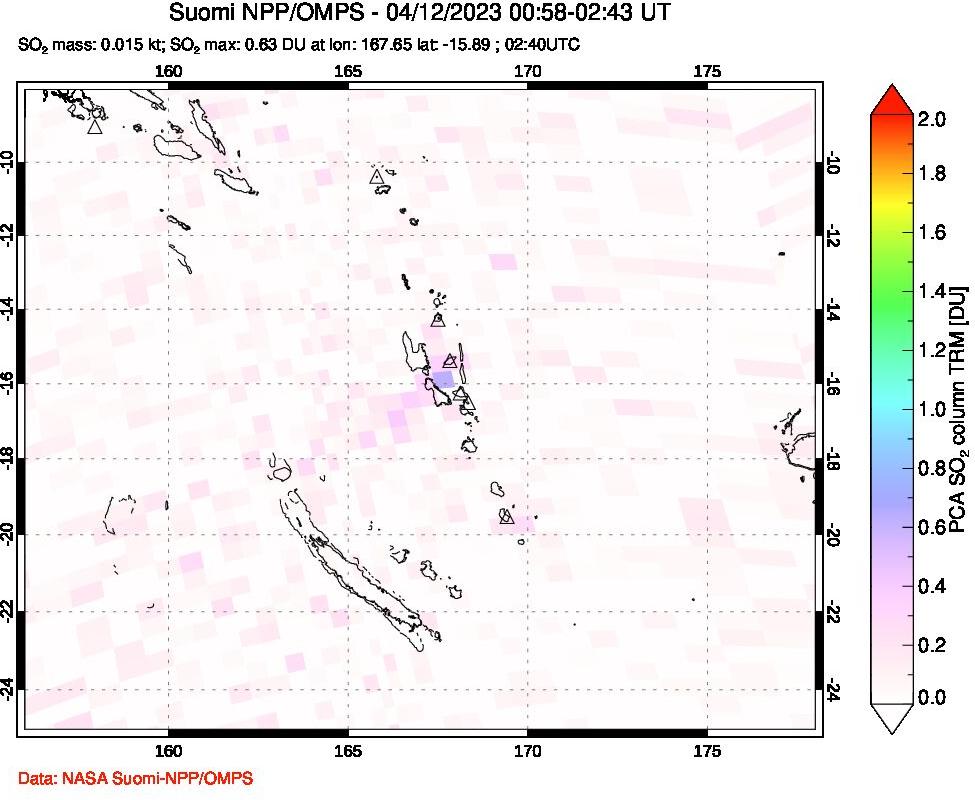 A sulfur dioxide image over Vanuatu, South Pacific on Apr 12, 2023.