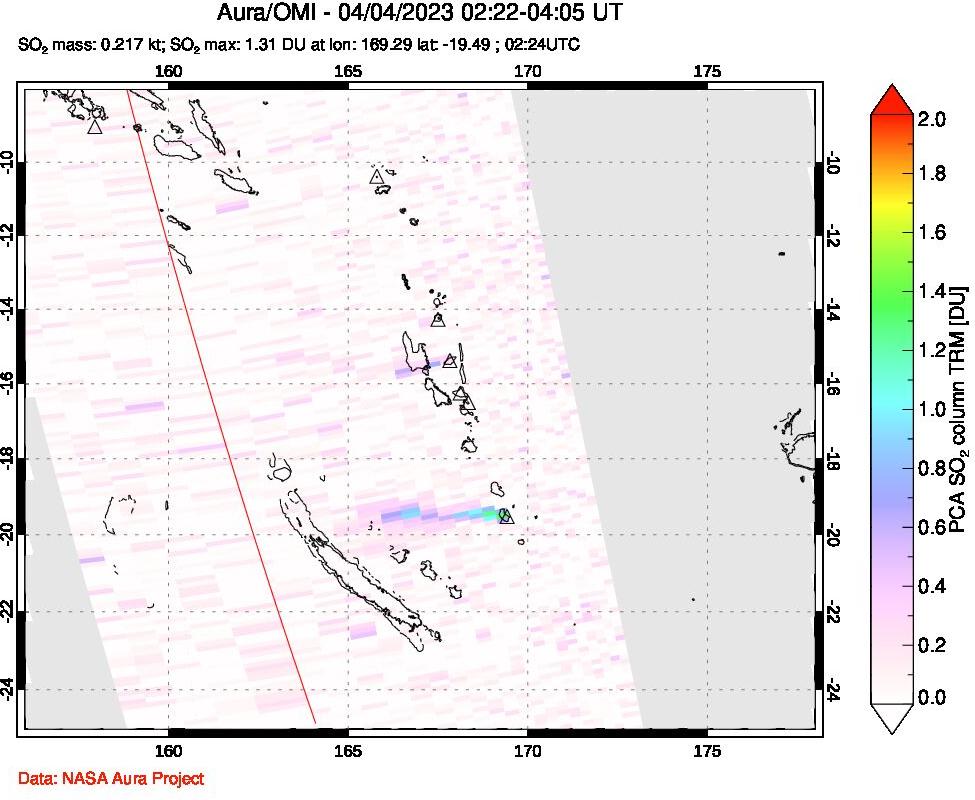 A sulfur dioxide image over Vanuatu, South Pacific on Apr 04, 2023.