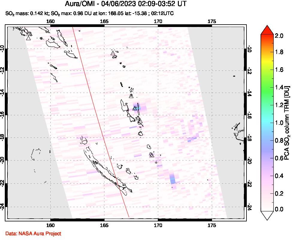 A sulfur dioxide image over Vanuatu, South Pacific on Apr 06, 2023.