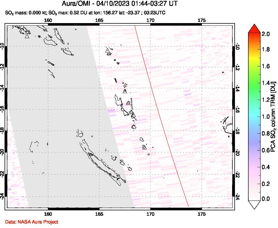 A sulfur dioxide image over Vanuatu, South Pacific on Apr 10, 2023.