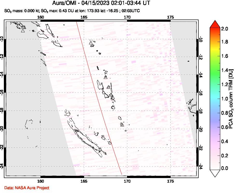 A sulfur dioxide image over Vanuatu, South Pacific on Apr 15, 2023.