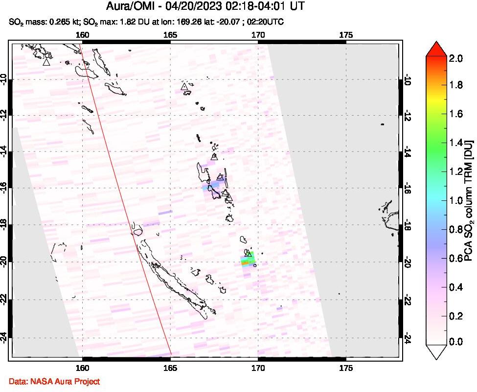A sulfur dioxide image over Vanuatu, South Pacific on Apr 20, 2023.