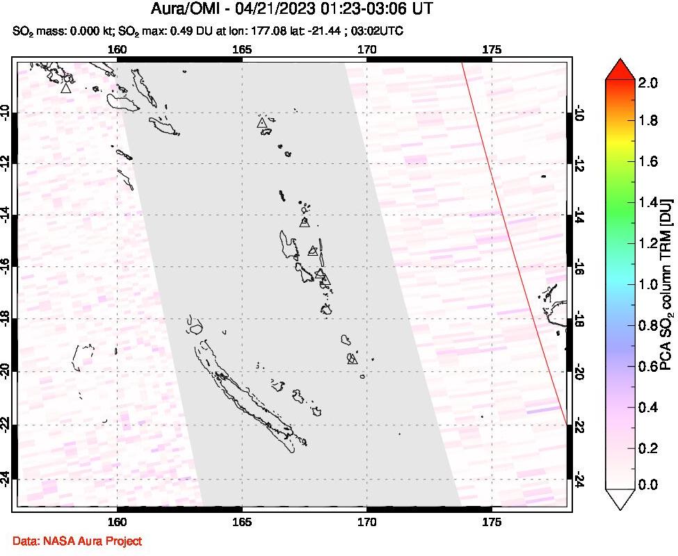 A sulfur dioxide image over Vanuatu, South Pacific on Apr 21, 2023.