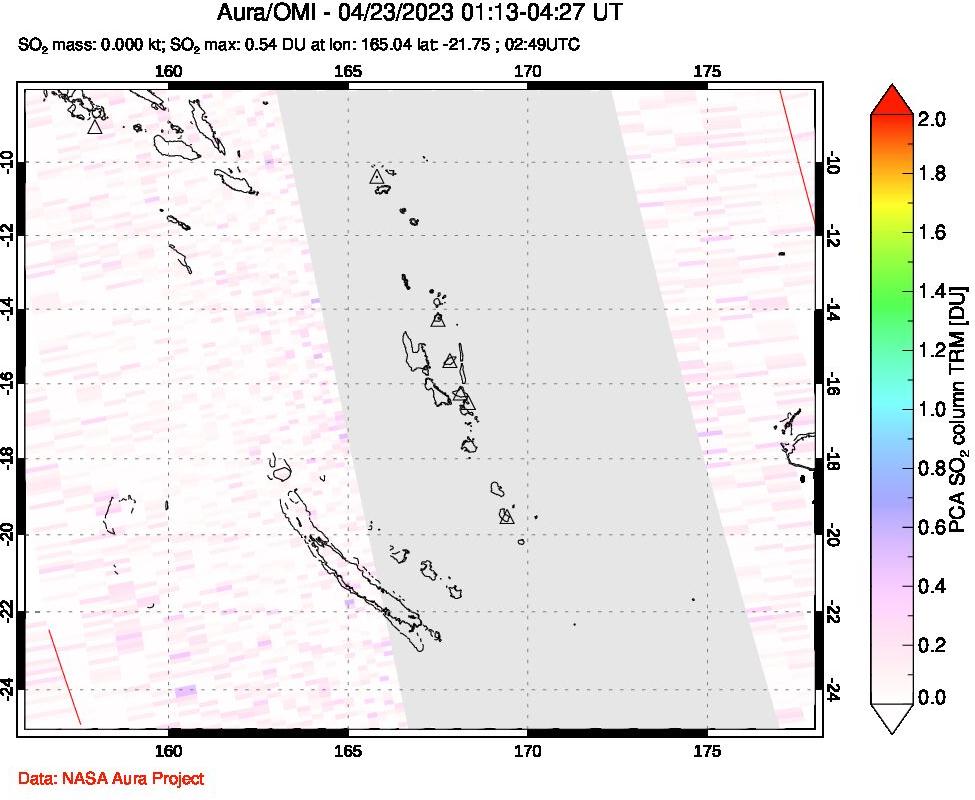 A sulfur dioxide image over Vanuatu, South Pacific on Apr 23, 2023.