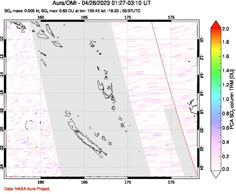 A sulfur dioxide image over Vanuatu, South Pacific on Apr 28, 2023.