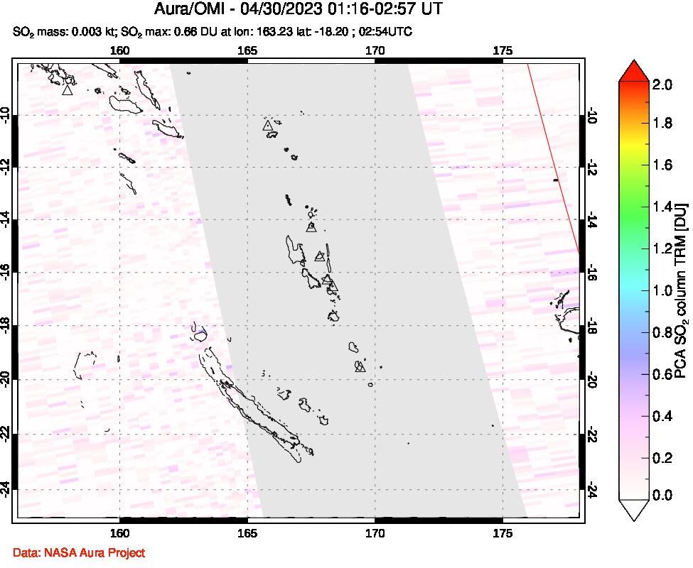 A sulfur dioxide image over Vanuatu, South Pacific on Apr 30, 2023.