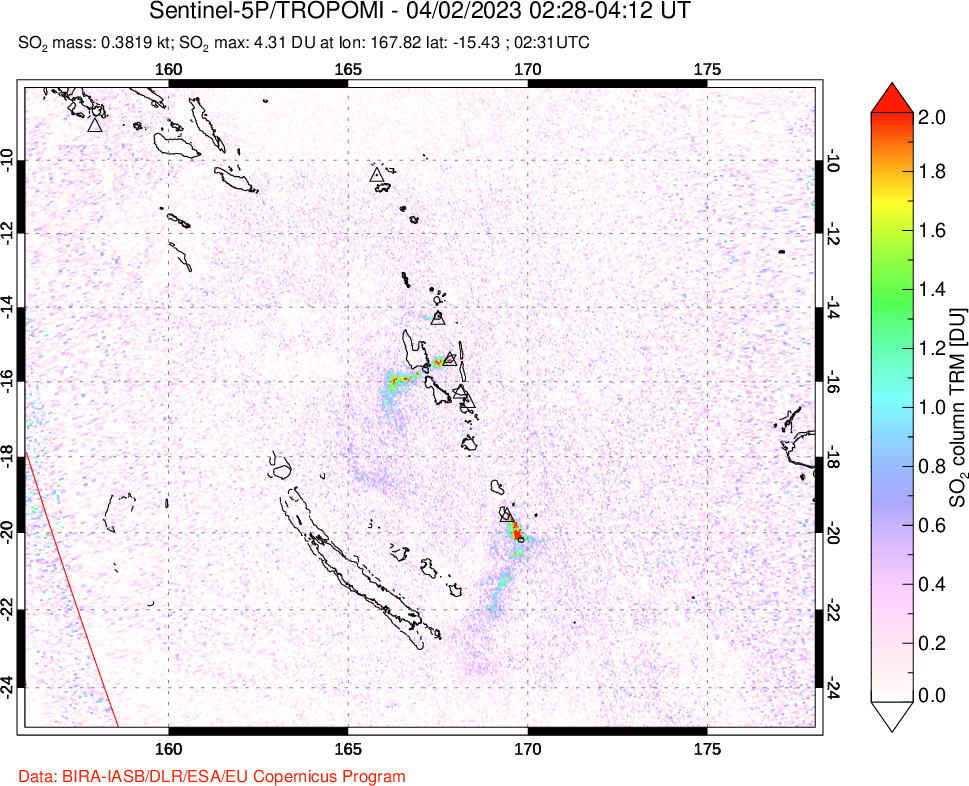 A sulfur dioxide image over Vanuatu, South Pacific on Apr 02, 2023.