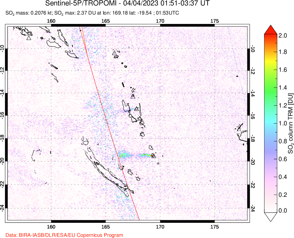 A sulfur dioxide image over Vanuatu, South Pacific on Apr 04, 2023.