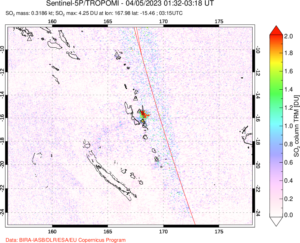 A sulfur dioxide image over Vanuatu, South Pacific on Apr 05, 2023.