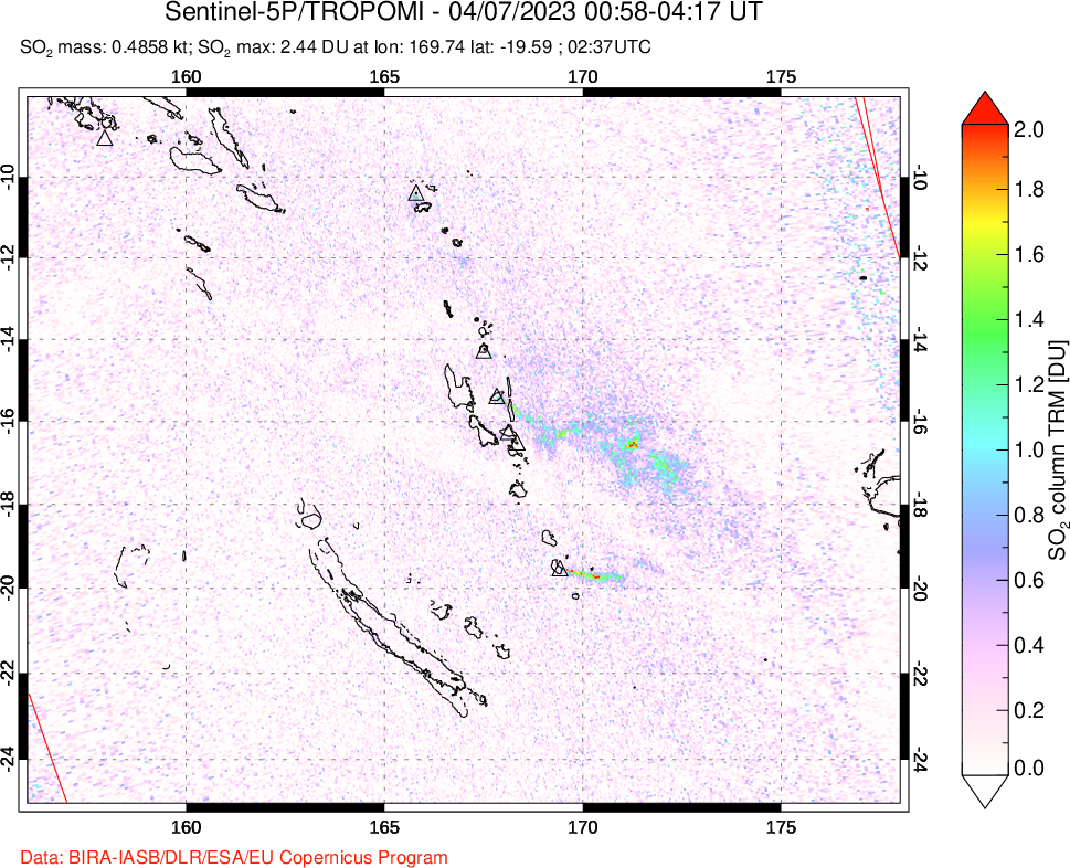 A sulfur dioxide image over Vanuatu, South Pacific on Apr 07, 2023.