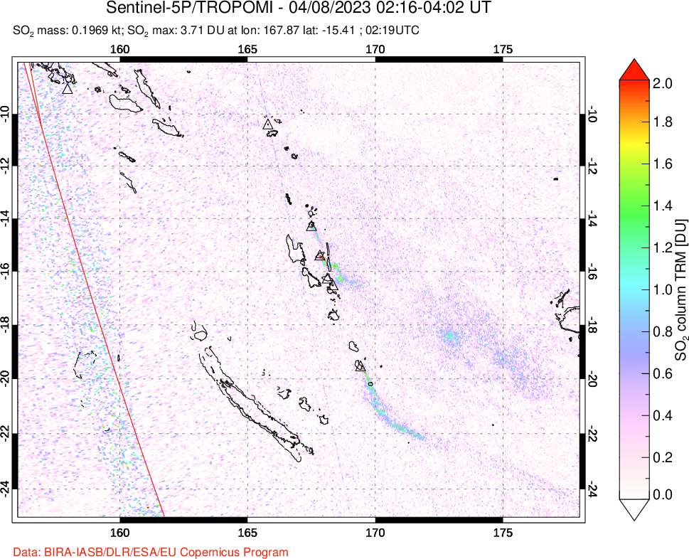 A sulfur dioxide image over Vanuatu, South Pacific on Apr 08, 2023.