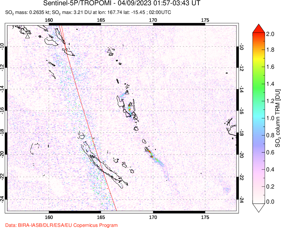 A sulfur dioxide image over Vanuatu, South Pacific on Apr 09, 2023.