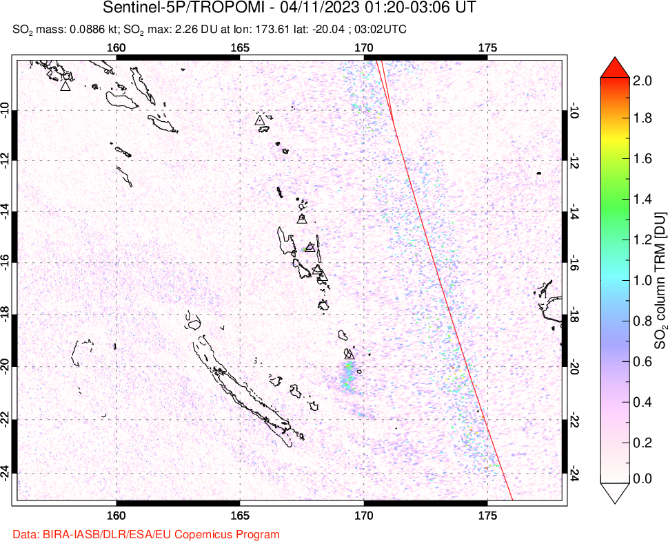 A sulfur dioxide image over Vanuatu, South Pacific on Apr 11, 2023.