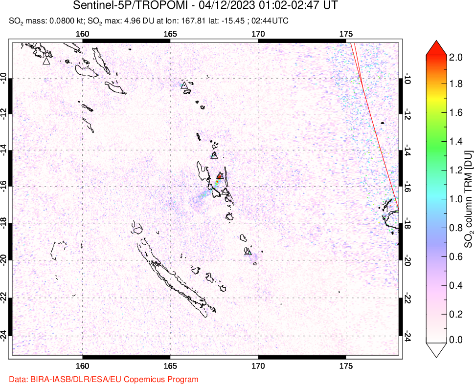 A sulfur dioxide image over Vanuatu, South Pacific on Apr 12, 2023.