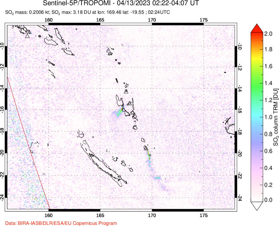 A sulfur dioxide image over Vanuatu, South Pacific on Apr 13, 2023.