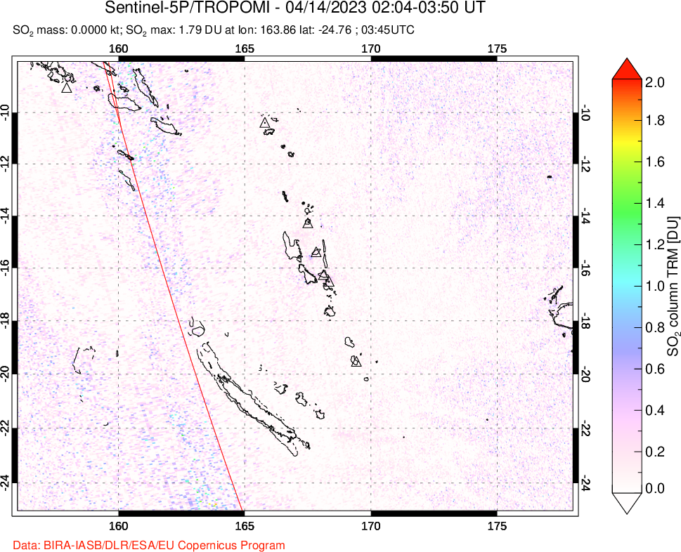 A sulfur dioxide image over Vanuatu, South Pacific on Apr 14, 2023.