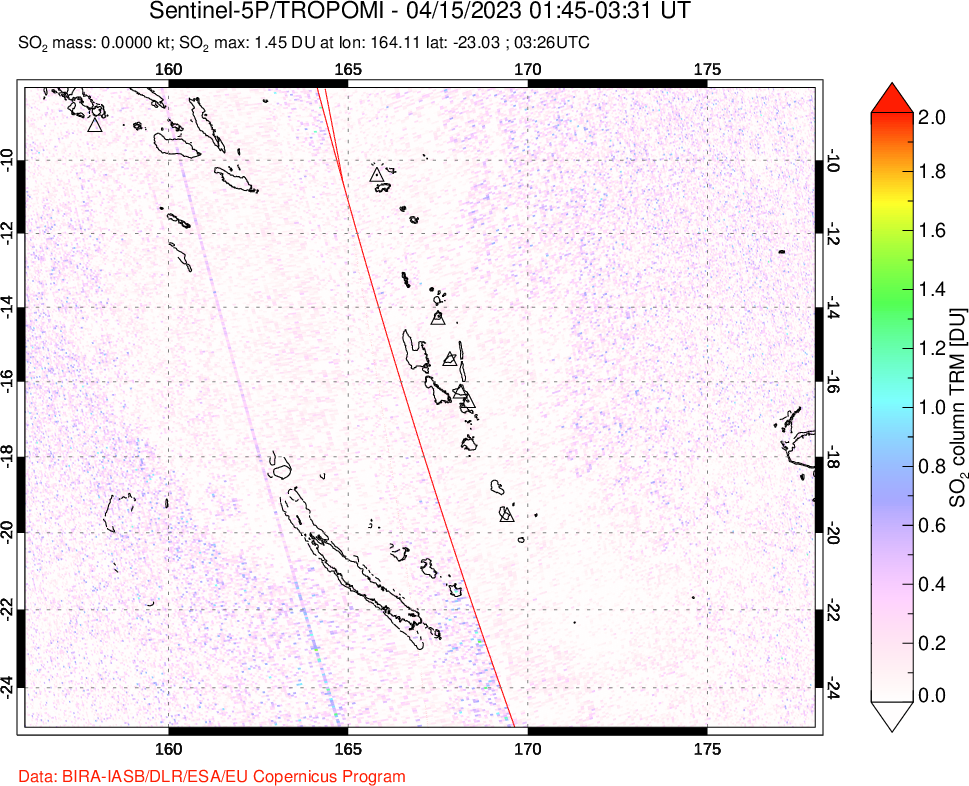 A sulfur dioxide image over Vanuatu, South Pacific on Apr 15, 2023.