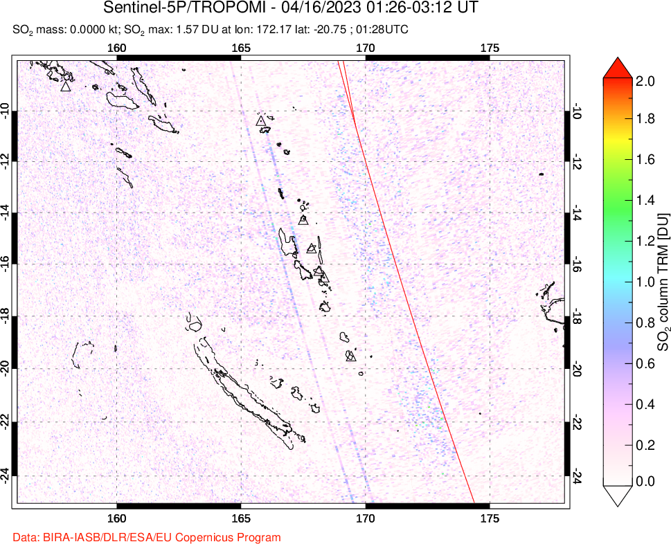 A sulfur dioxide image over Vanuatu, South Pacific on Apr 16, 2023.