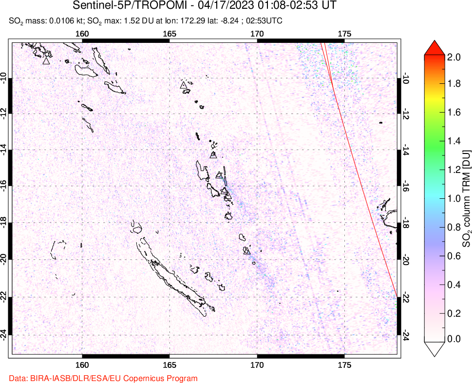 A sulfur dioxide image over Vanuatu, South Pacific on Apr 17, 2023.