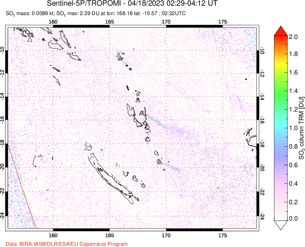 A sulfur dioxide image over Vanuatu, South Pacific on Apr 18, 2023.